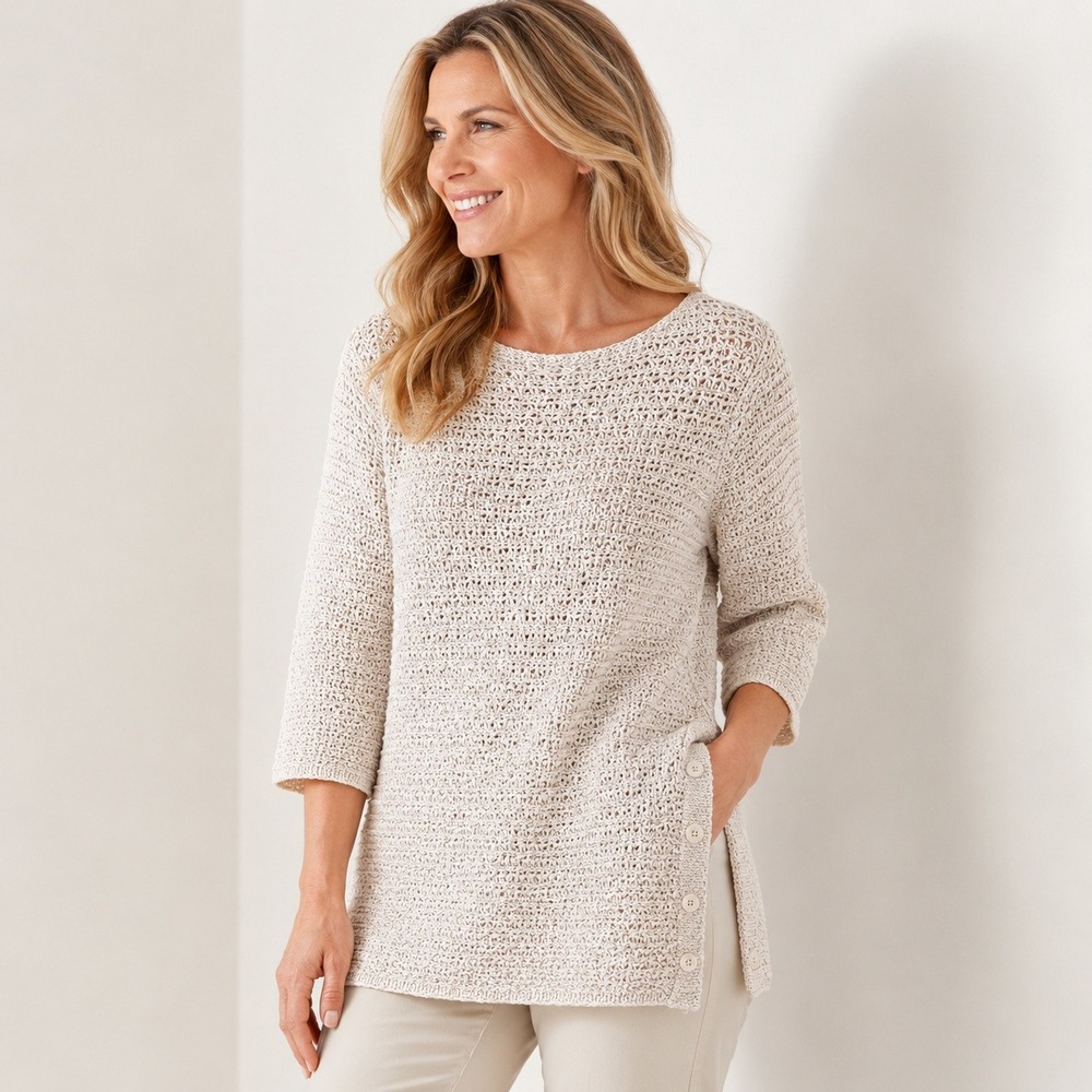 J. Jill Textured Side Button Tunic Sweater 100% Cotton Womens L Cream 3/4 Sleeve